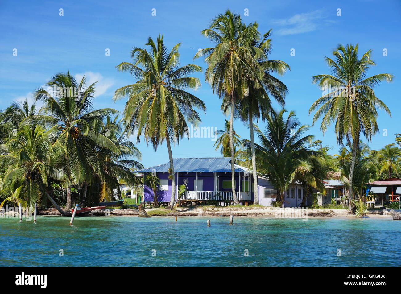 Rustico casa tropicale sulla riva del mare con alberi di noce di cocco, Caraibi, America centrale e di Panama Foto Stock
