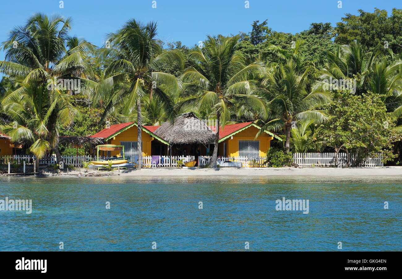 Waterfront ostello sulla spiaggia tropicale con palme da cocco, Carenero isola, Bocas del Toro, Caraibi, America centrale e di Panama Foto Stock