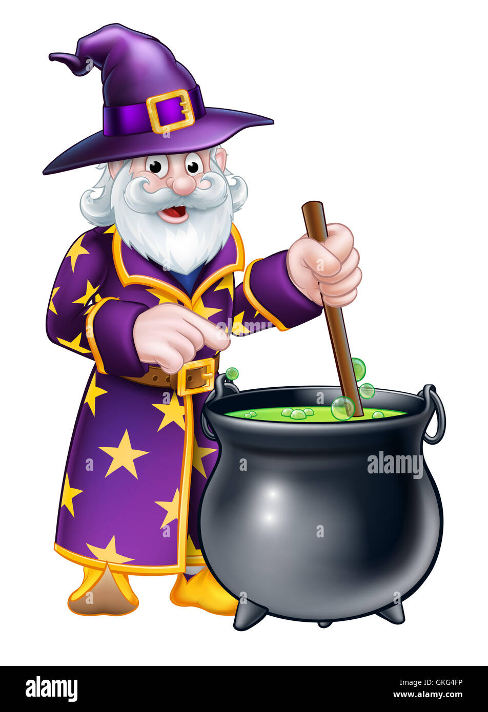 Un cartoon Halloween wizard agitazione un calderone e puntamento Foto Stock