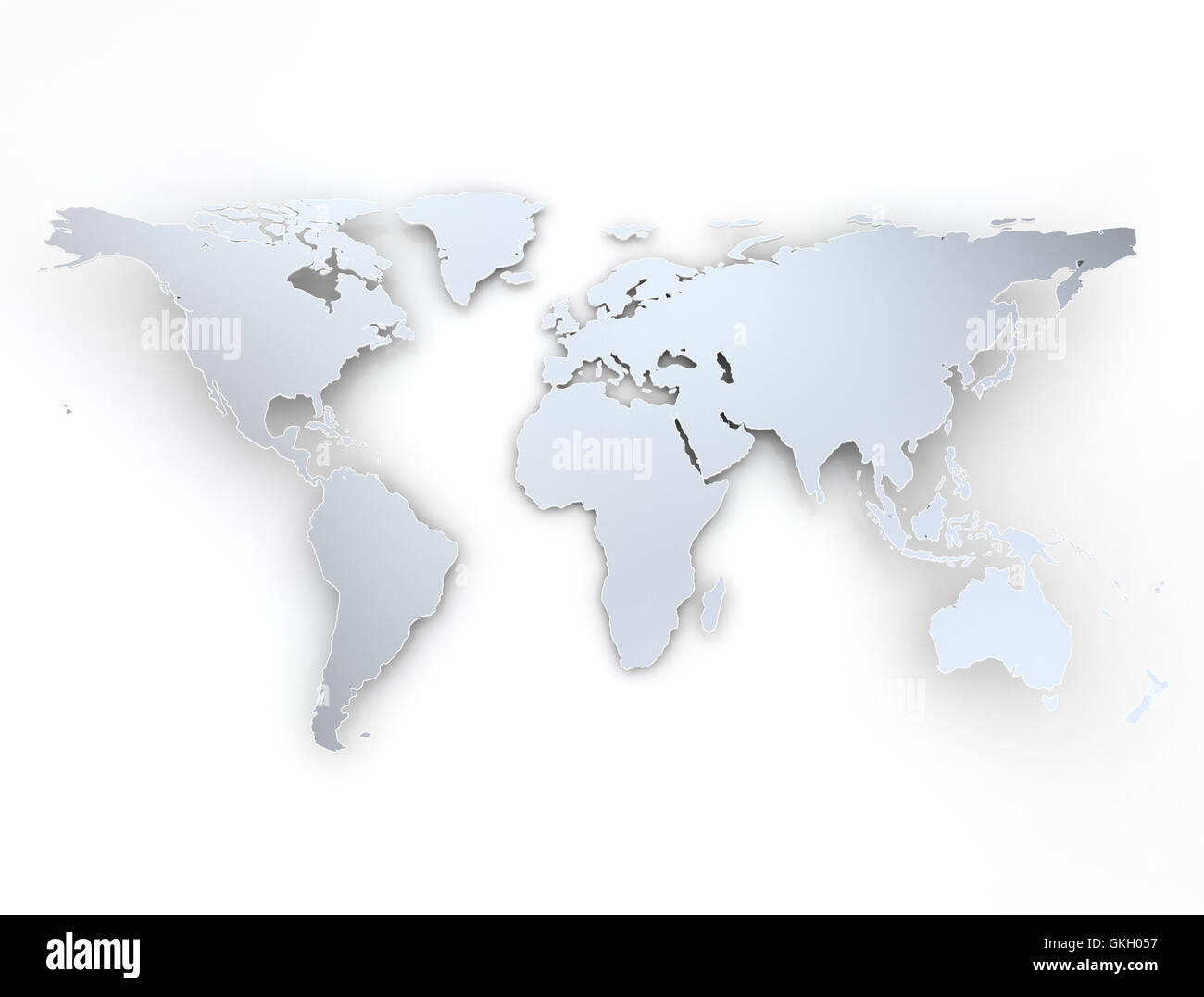 Mappa mondo piegare leggermente con ombre su sfondo bianco Foto Stock