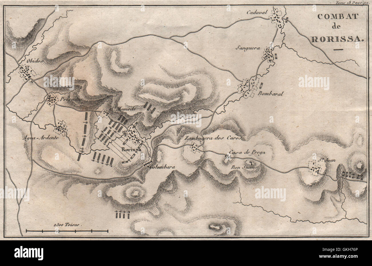 La battaglia di Roliça (Rorissa) 1808. Obidos. Penisola di guerra. Il Portogallo, 1820 mappa vecchia Foto Stock