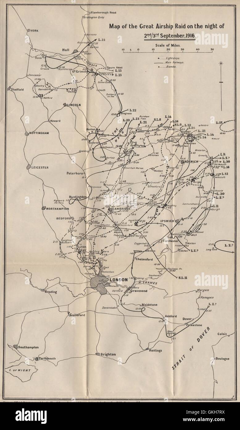 Il grande dirigibile Zeppelin raid in Inghilterra. La notte del 2 settembre 1916 1925 Mappa Foto Stock