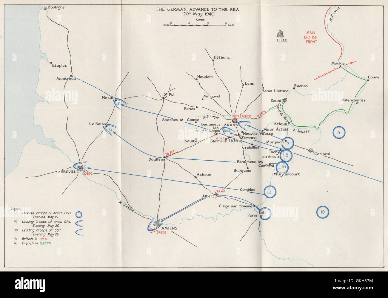 Caduta della Francia 1940. Anticipo tedesco al mare 20 maggio. Arras Abbeville, 1953 Mappa Foto Stock