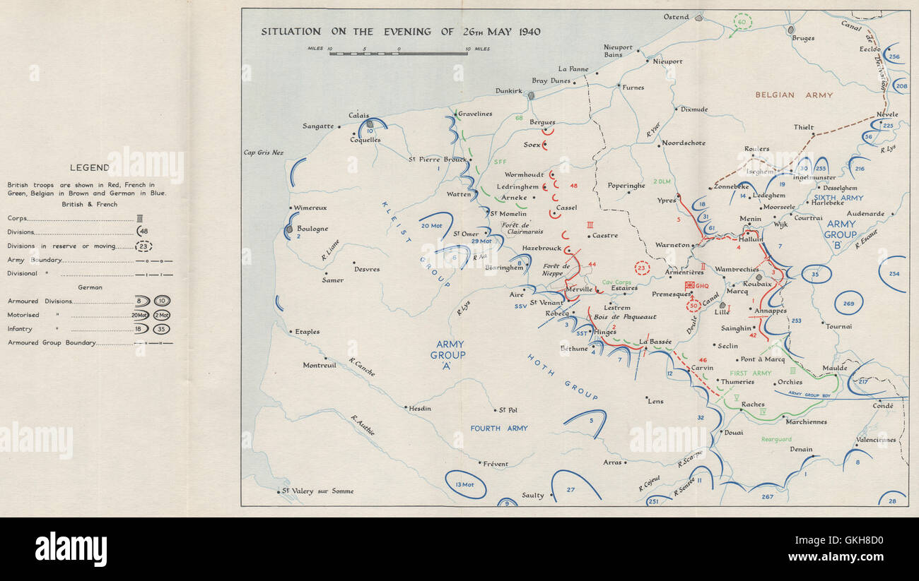 Evacuazione di Dunkerque. 26 maggio 1940 posizioni di truppa. Funzionamento dinamo. HMSO 1953 mappa Foto Stock