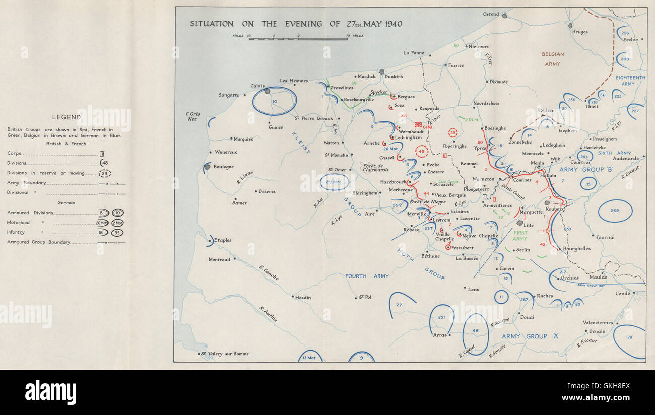 Evacuazione di Dunkerque. 27 maggio 1940 posizioni di truppa. Funzionamento dinamo. HMSO 1953 mappa Foto Stock