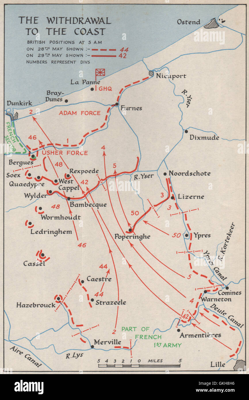 Evacuazione di Dunkerque. 28-29 maggio 1940 posizioni di truppa. Funzionamento dinamo, 1953 Mappa Foto Stock