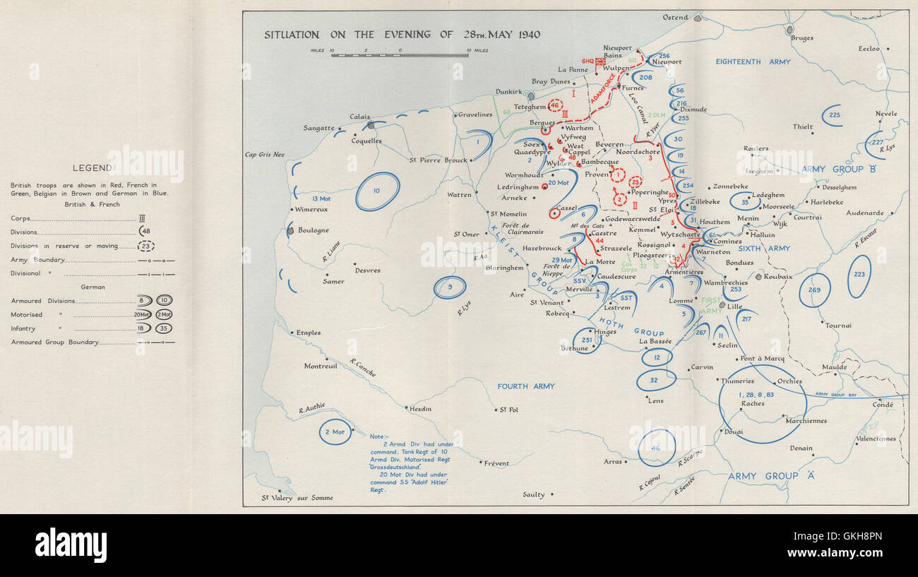 Evacuazione di Dunkerque. 28 maggio 1940 posizioni di truppa. Funzionamento dinamo. HMSO 1953 mappa Foto Stock