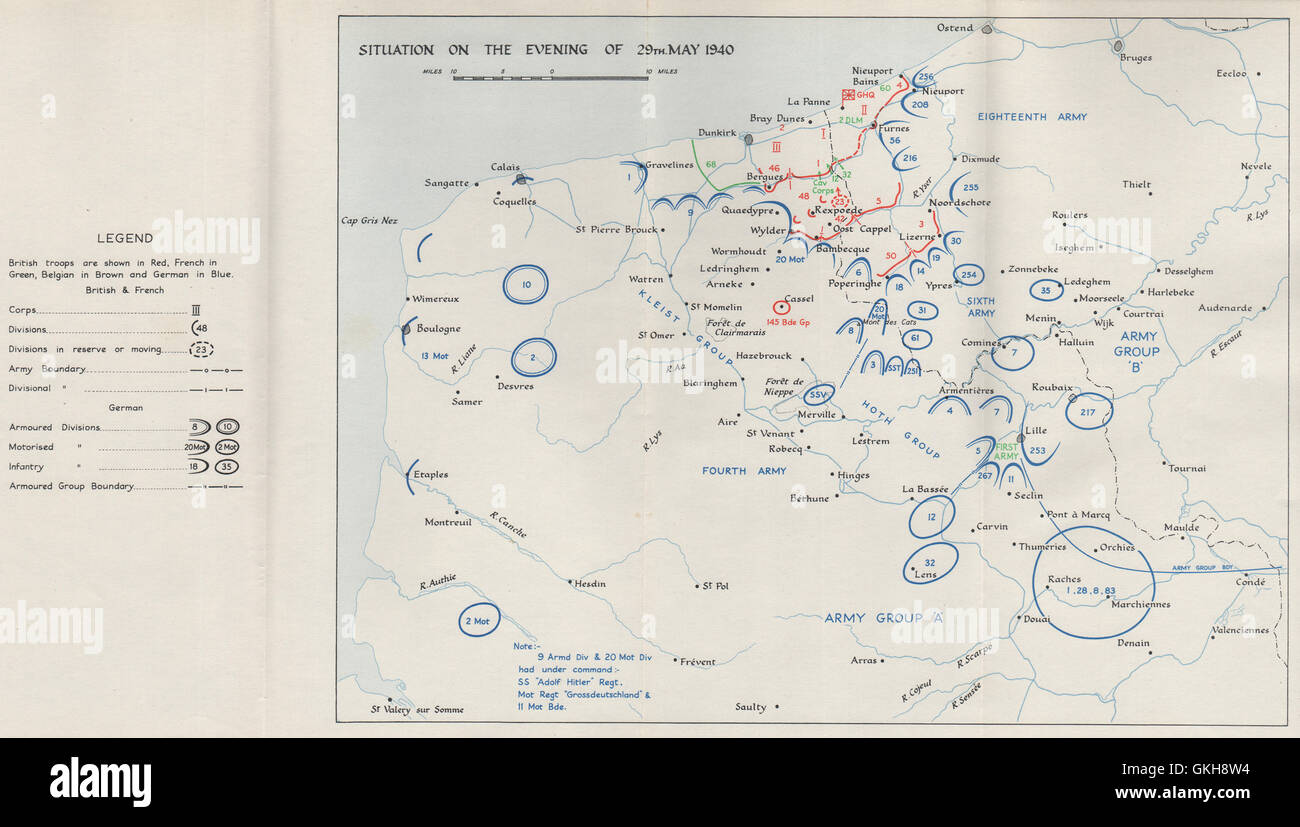 Evacuazione di Dunkerque. 29 maggio 1940 posizioni di truppa. Funzionamento dinamo. HMSO 1953 mappa Foto Stock