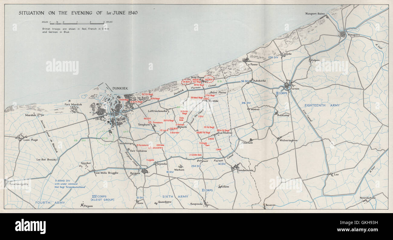 Evacuazione di Dunkerque. 1 giugno 1940 posizioni di truppa. Funzionamento dinamo. HMSO 1953 mappa Foto Stock