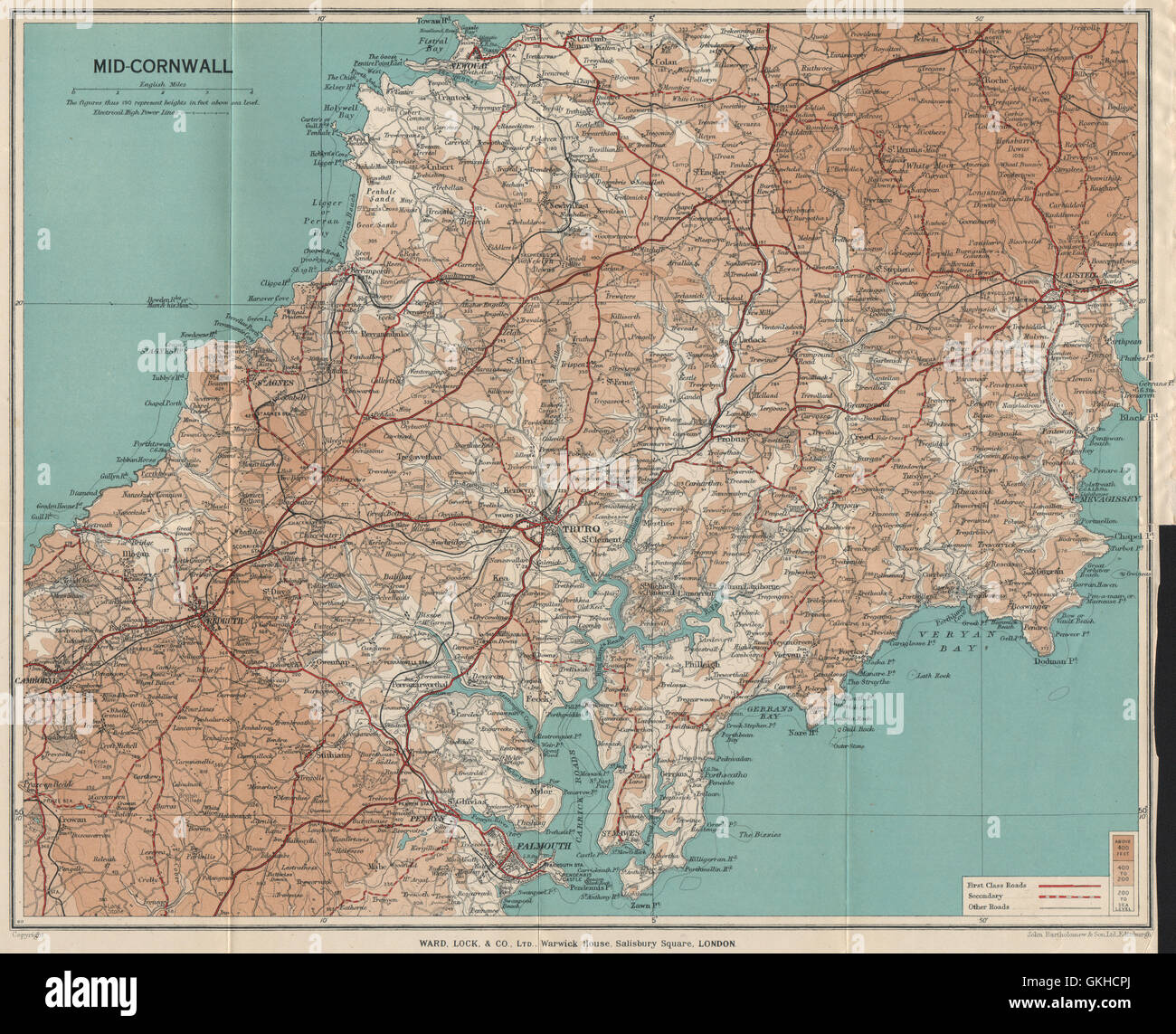 A metà della Cornovaglia. Carrick strade Truro Newquay Redruth Falmouth St Austell, 1938 Mappa Foto Stock