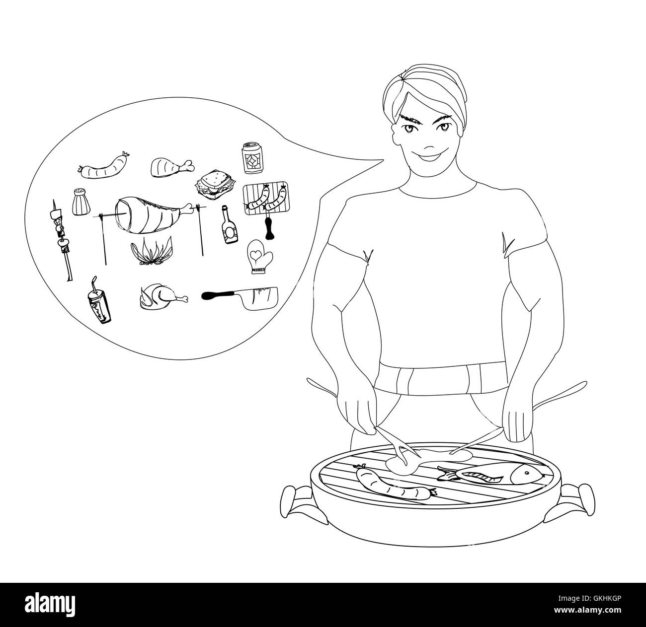 Cartoon maschio vestito in costume per grigliare carne cottura.Barbecue vettore icona impostare Foto Stock