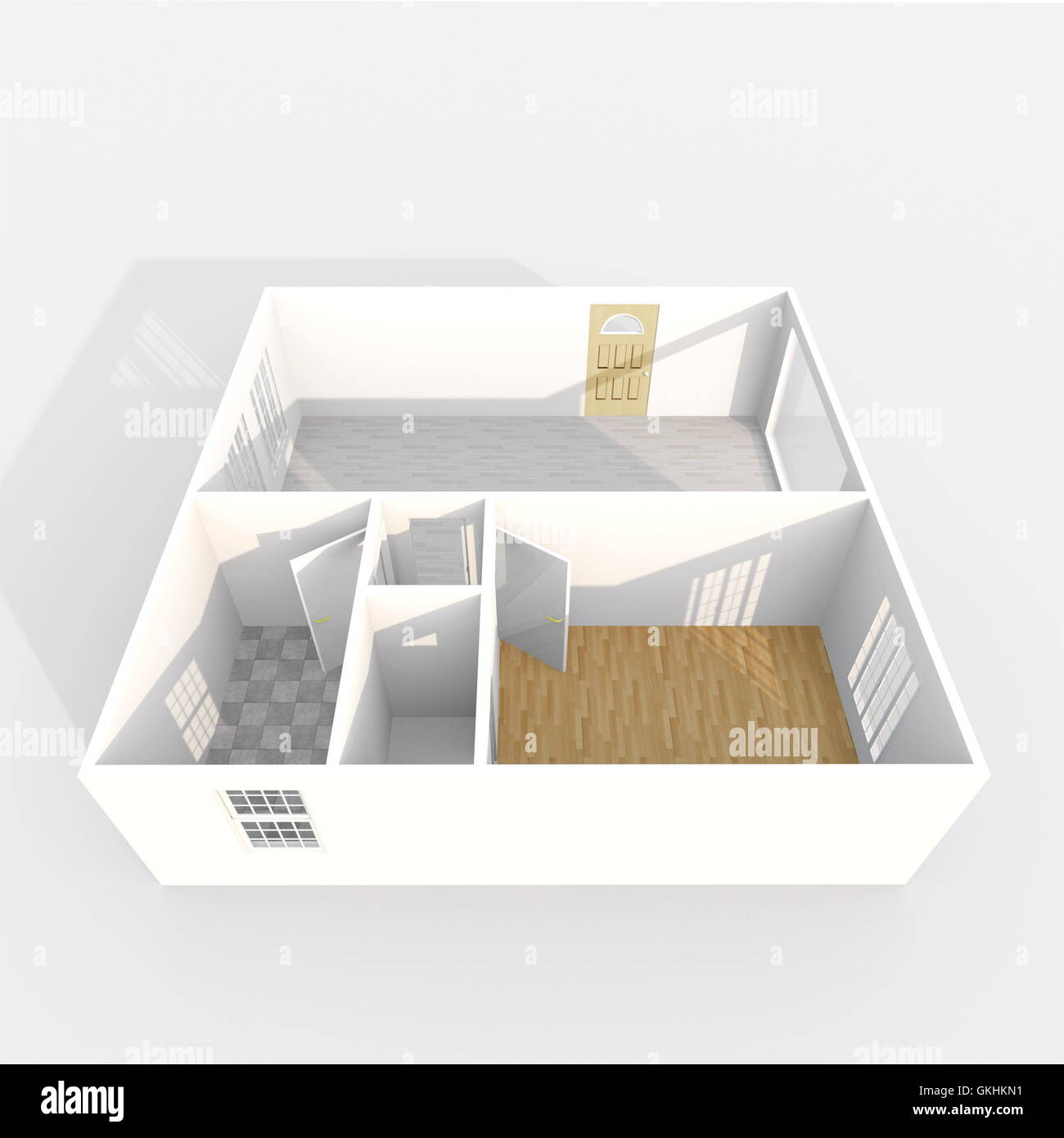 3D Interni rendering vista prospettica del vuoto home appartamento con materiali per pavimento Foto Stock