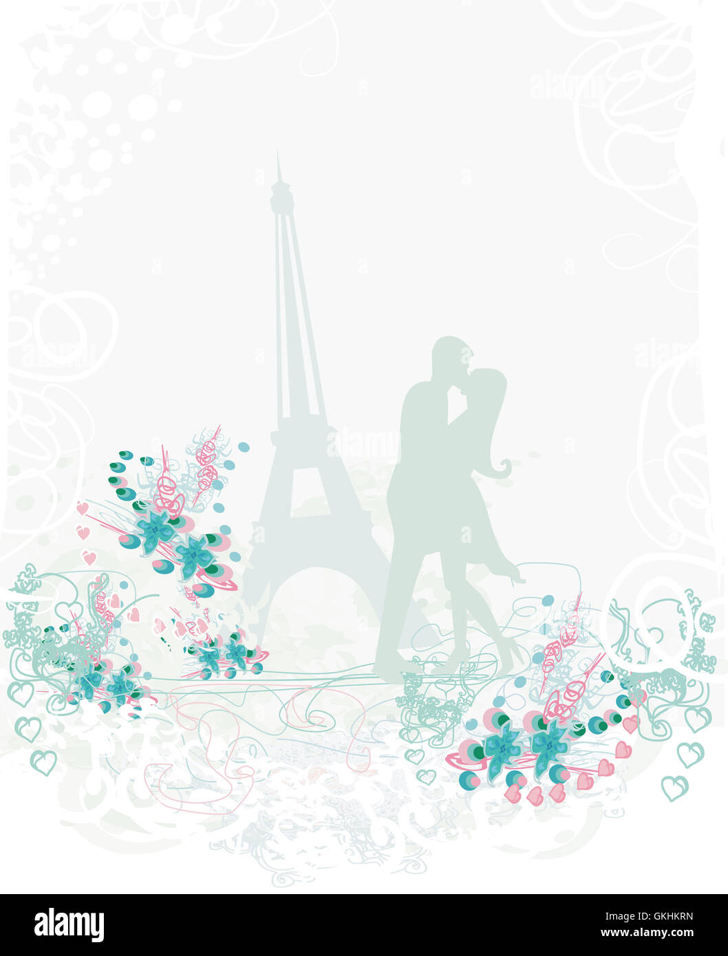 Coppia romantica a Parigi kissing vicino alla Torre Eiffel. Silhouette Foto Stock