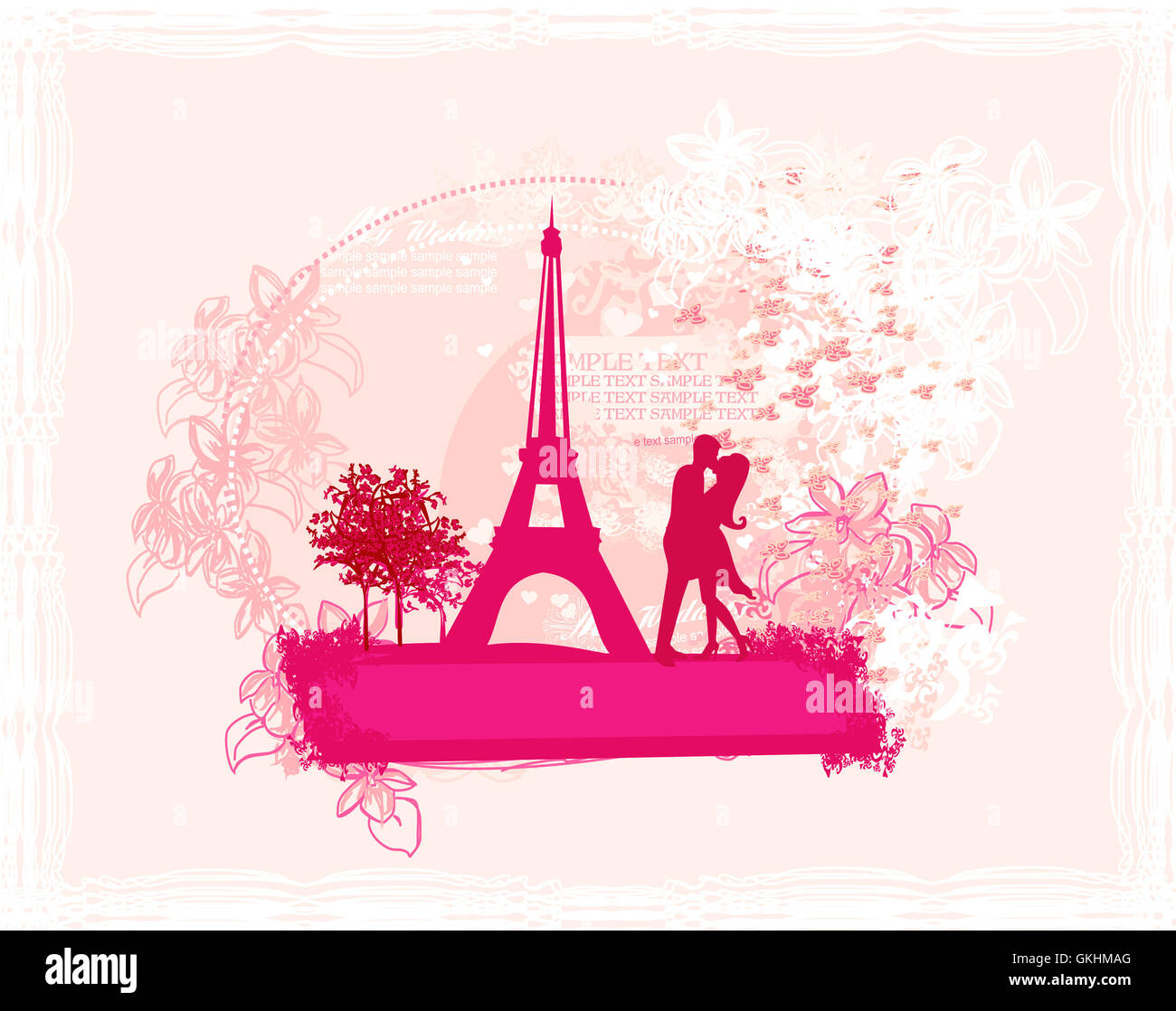 Coppia romantica a Parigi kissing vicino alla Torre Eiffel. Scheda retrò. Foto Stock