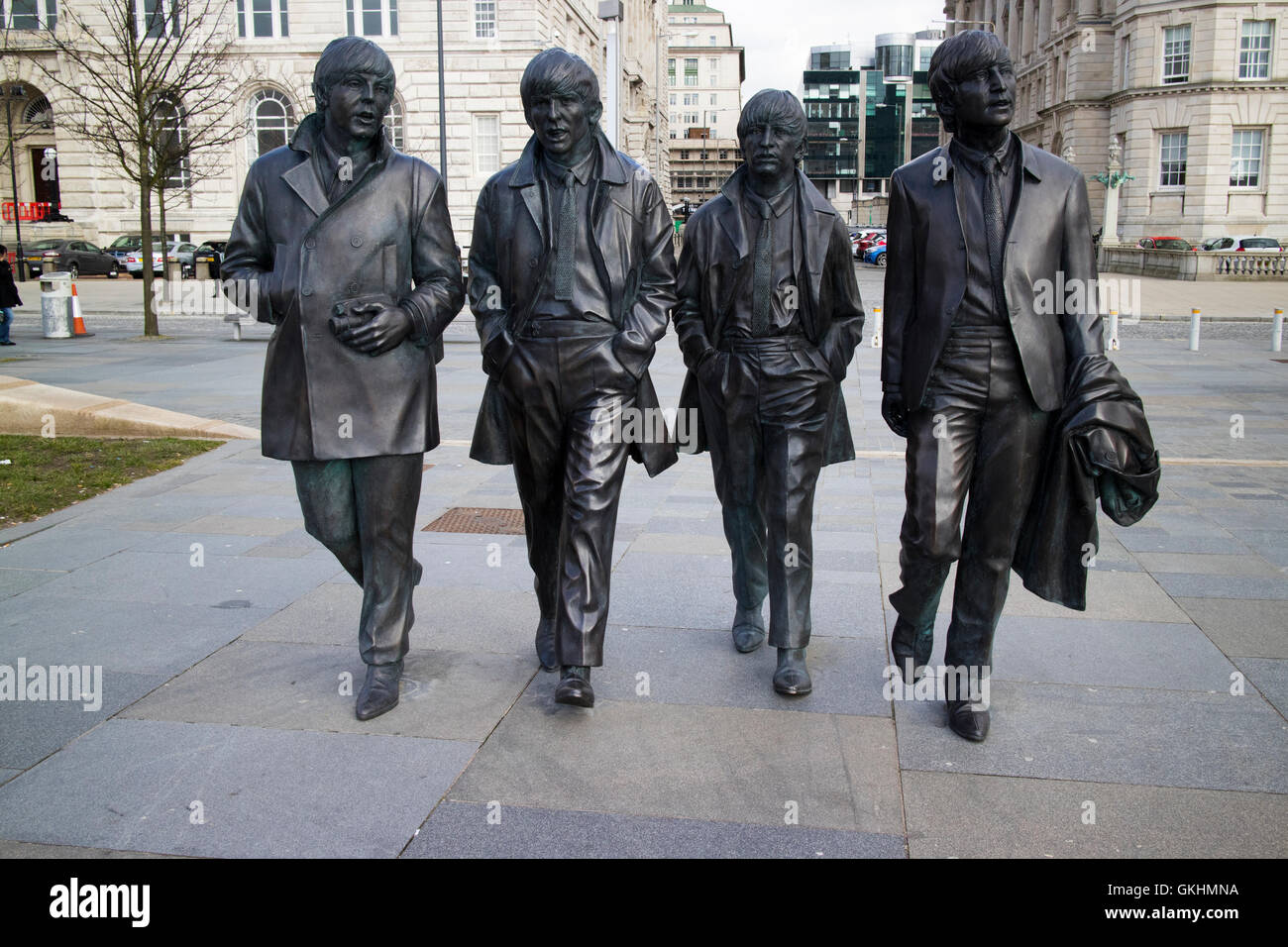 I Beatles statua scultura al Pier Head sul lungomare Liverpools Foto Stock