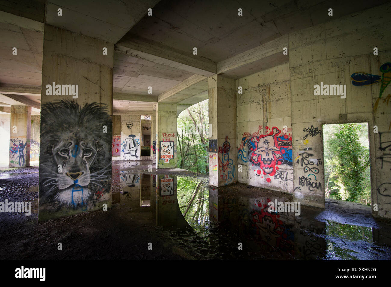 Graffiti in un abbandonato mai finito di costruire in Belgio, Europa Foto Stock