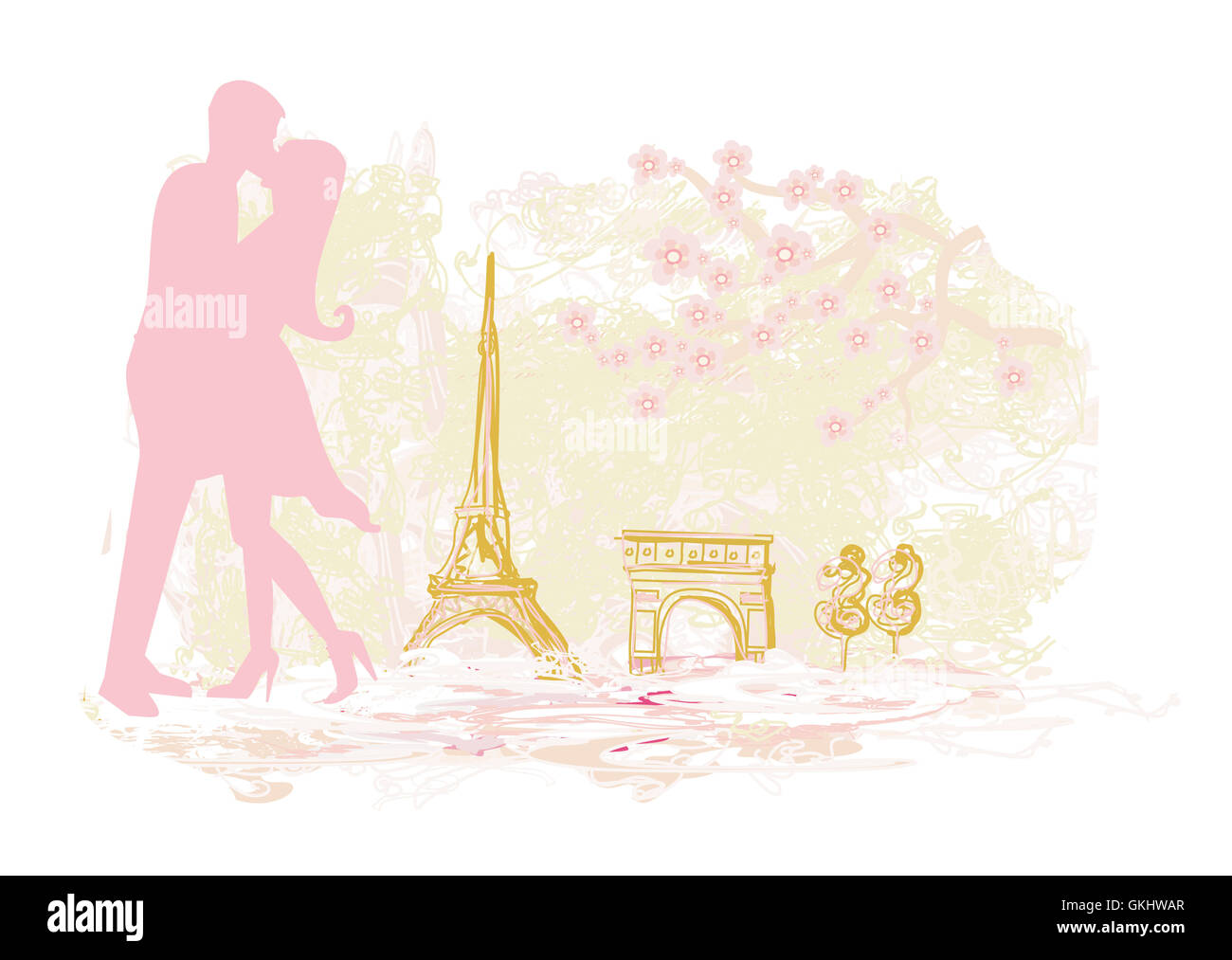 Coppia romantica a Parigi kissing vicino alla Torre Eiffel scheda rétro Foto Stock