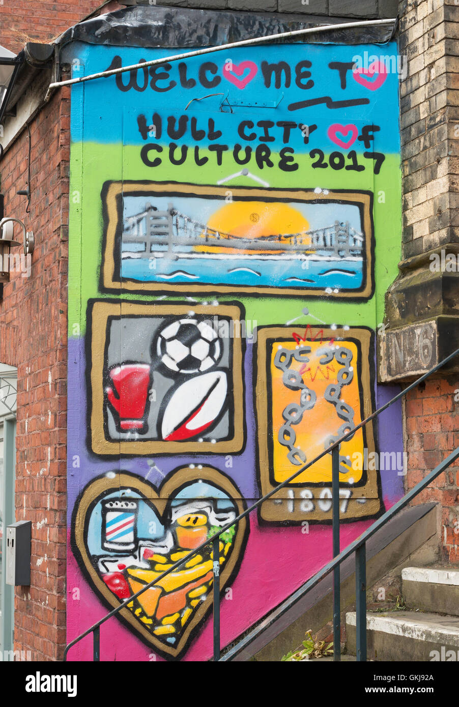 Graffiti, benvenuto a Hull, città di cultura 2017, Kingston upon Hull, Yorkshire, Inghilterra, Regno Unito Foto Stock