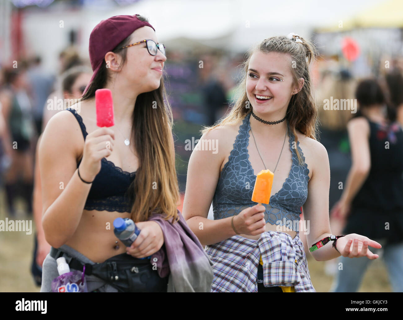 I frequentatori del festival godetevi il tempo durante il V Festival a Hylands Park a Chelmsford Essex. Foto Stock
