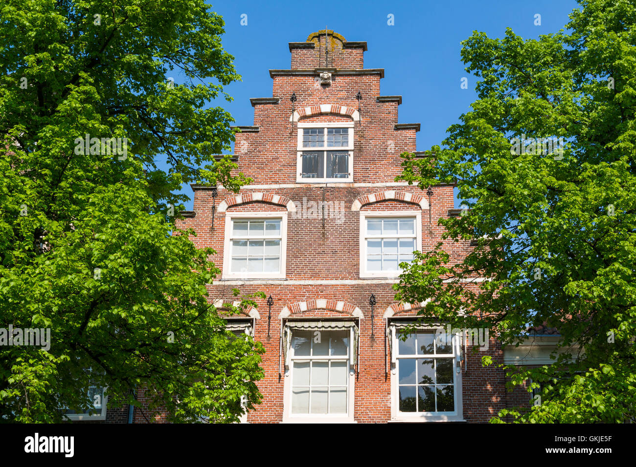 Parte superiore della vecchia casa con frontone a gradini su Bakenessergracht canal nel centro della città di Haarlem, Paesi Bassi Foto Stock