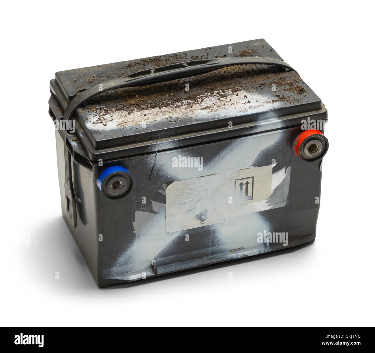 Morto vecchia batteria auto isolati su sfondo bianco. Foto Stock