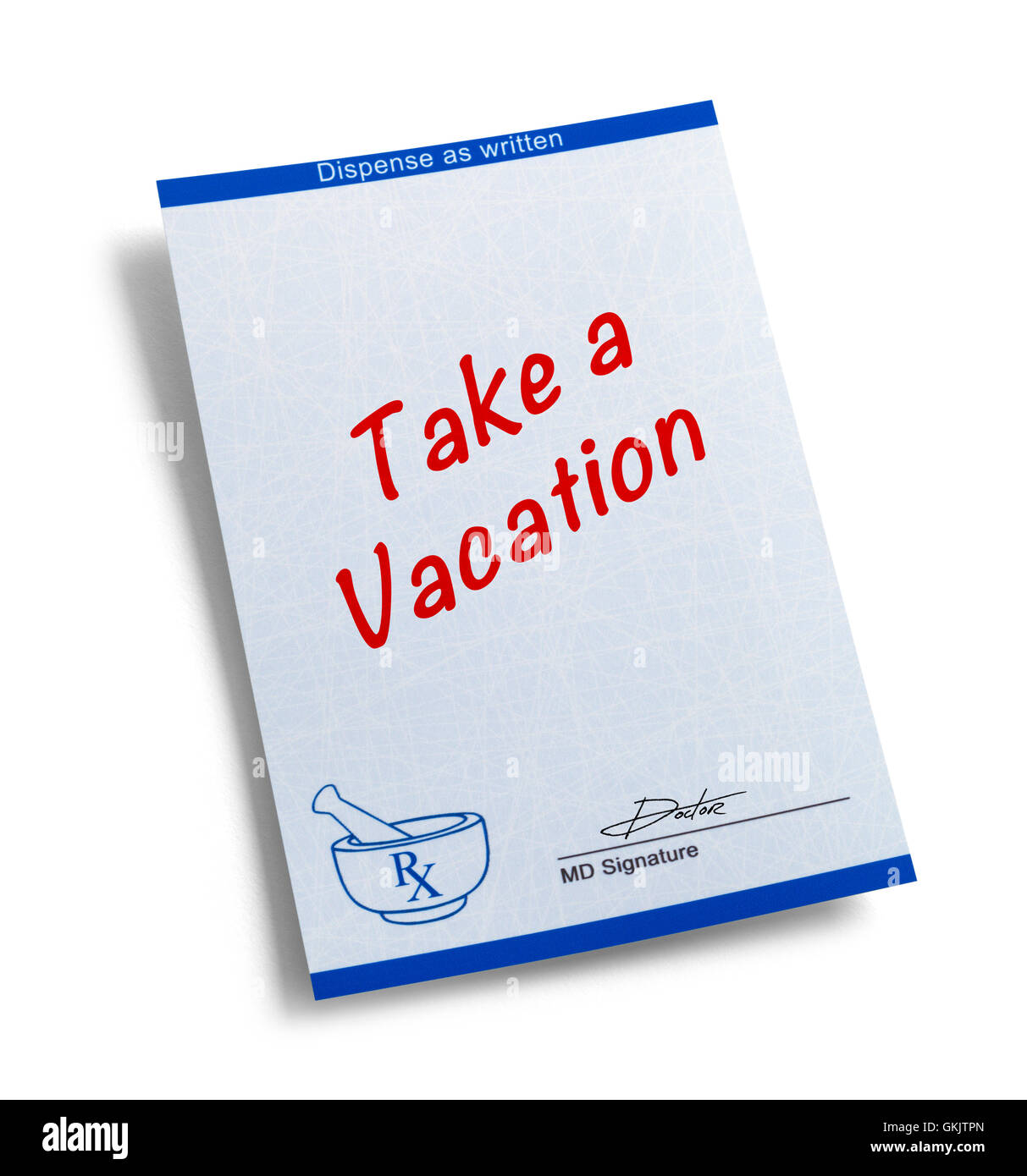 I medici la prescrizione per una vacanza isolati su sfondo bianco. Foto Stock