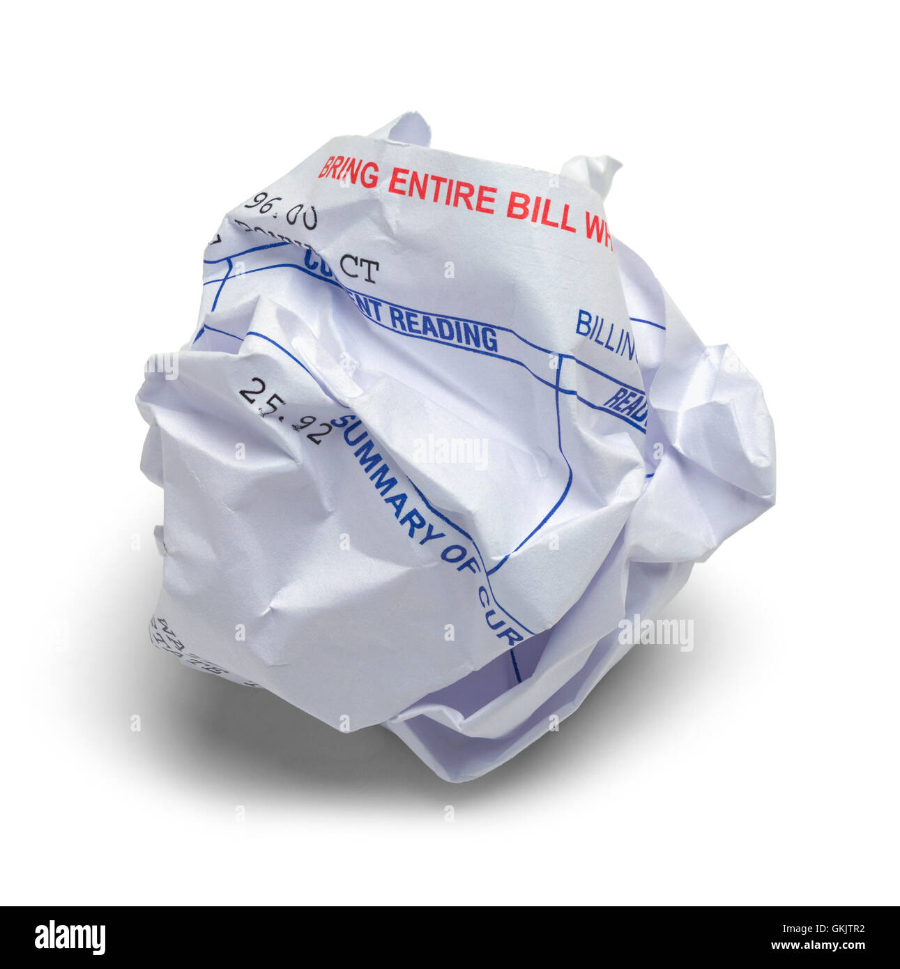 Crumpled Up ricevuta di fatturazione isolati su sfondo bianco. Foto Stock