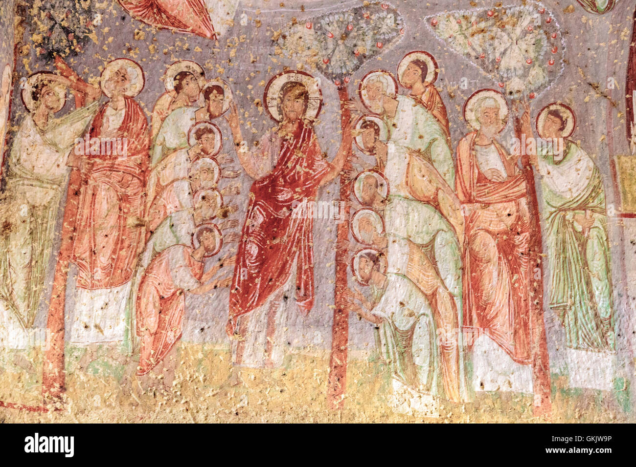 Murali religiose Çavuşin nella chiesa di San Giovanni Battista Foto Stock