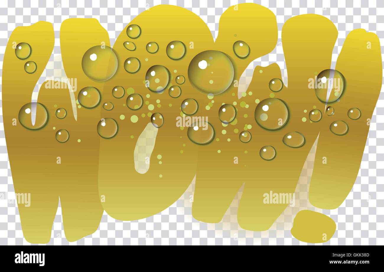 'WOW' testo con rugiadoso superficie su un bicchiere di bibita (birra, champagne, arancia, il succo di lime). EPS 10 con sfondo trasparente. Illustrazione Vettoriale