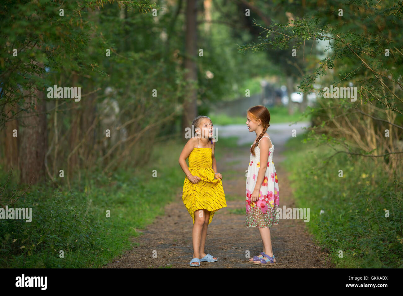 Due bambina emotiva amici parlando in piedi in un parco. Foto Stock