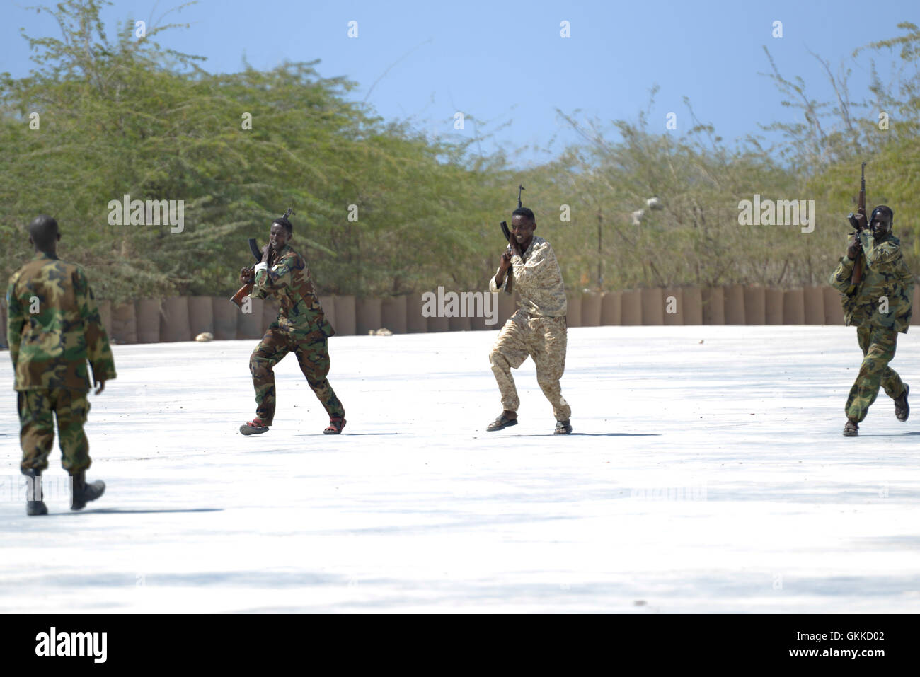 Somali Esercito Nazionale laureati demonstarte loro le abilità apprese durante un sorpasso fuori parade al Jazeera Camp a Mogadiscio, Somalia, il 22 febbraio 2014. AU ONU IST foto / David Mutua Foto Stock