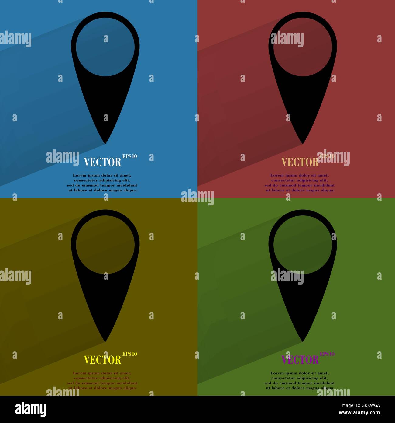 Set colori mappa puntatori. Appartamento moderno web pulsante con lunga ombra e lo spazio per il testo Illustrazione Vettoriale