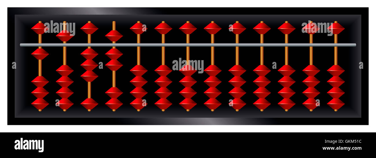 Soroban giapponese abacus. Telaio di conteggio e strumento di calcolo con perle rosso scorrevole su fili. Foto Stock
