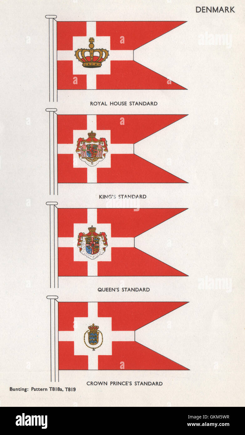Danimarca bandiere. Royal House, King, Queen's & Crown Prince's Standard, 1958 Foto Stock