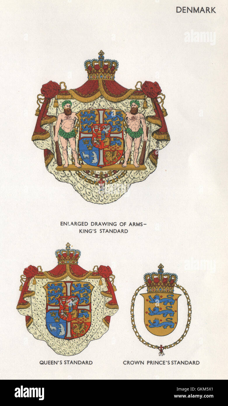 Danimarca bandiere. I bracci. King, Queen's & Crown Prince's standard, stampa 1958 Foto Stock