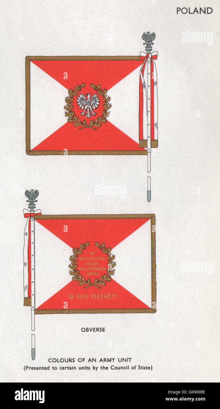 La Polonia bandiere. Complementare. I colori di un esercito, unità di stampa vintage 1958 Foto Stock