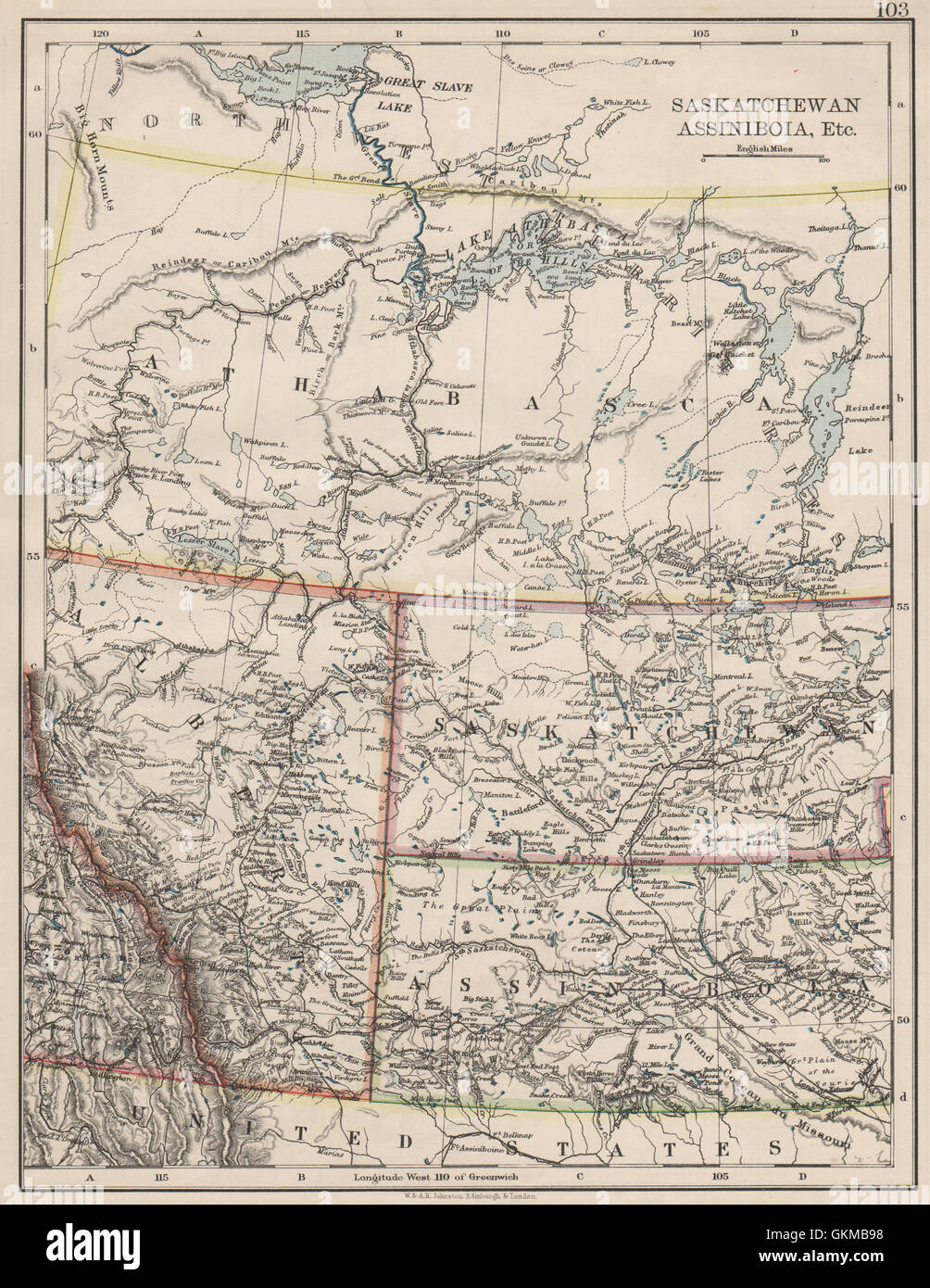 CANADA praterie. Lo stato di Alberta, Saskatchewan Assiniboia Athabasca. JOHNSTON, 1900 Mappa Foto Stock