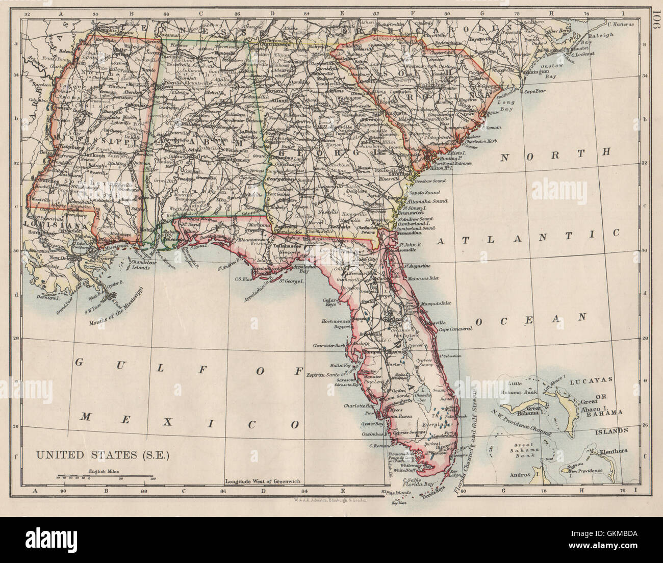 Stati Uniti d'America sud profondo. Florida Carolina del Sud Georgia Alabama Mississippi USA, 1900 Mappa Foto Stock