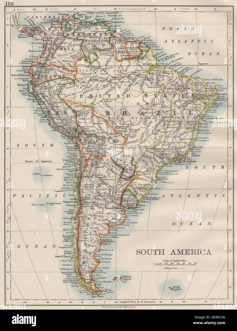 Sud America. Bolivia include acro, ora in Brasile. JOHNSTON, 1900 mappa vecchia Foto Stock