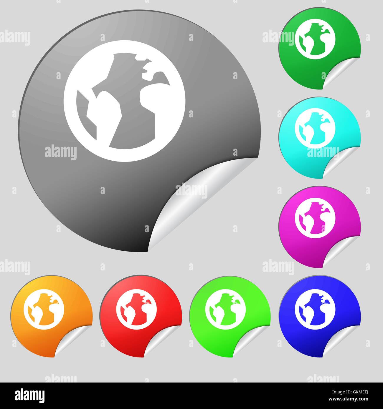 Globo, mappa Mondo geografia icona segno. Set di otto multi-colore pulsanti rotondi, adesivi. Vettore Illustrazione Vettoriale