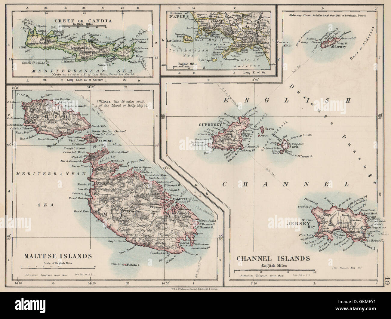 Isole europee.Malta Gozo Creta Capri Jersey Guernsey Sark. JOHNSTON 1903 mappa Foto Stock