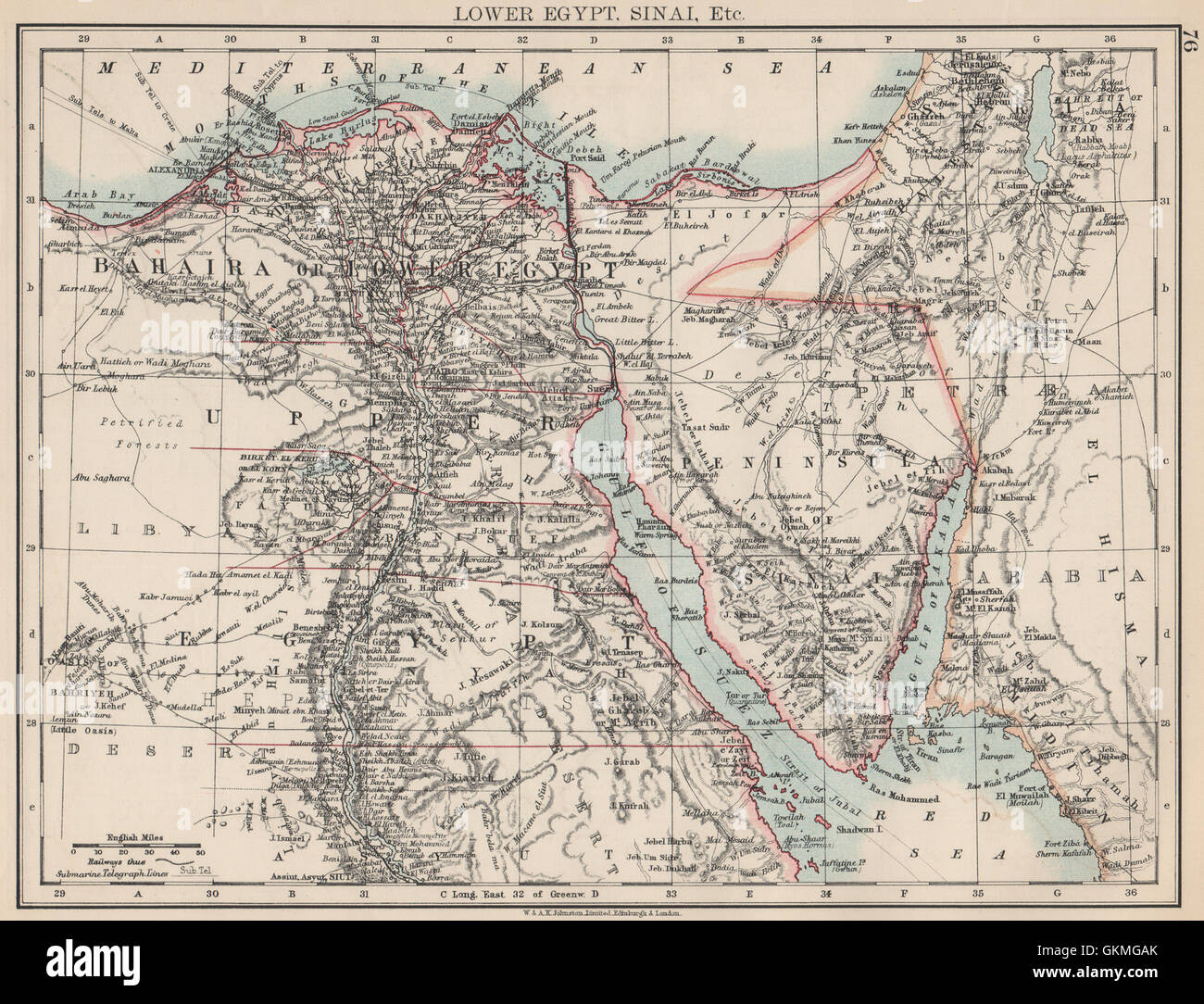 Basso Egitto & Sinai. Province. Valle del Nilo/delta. Le ferrovie. JOHNSTON, 1903 Mappa Foto Stock