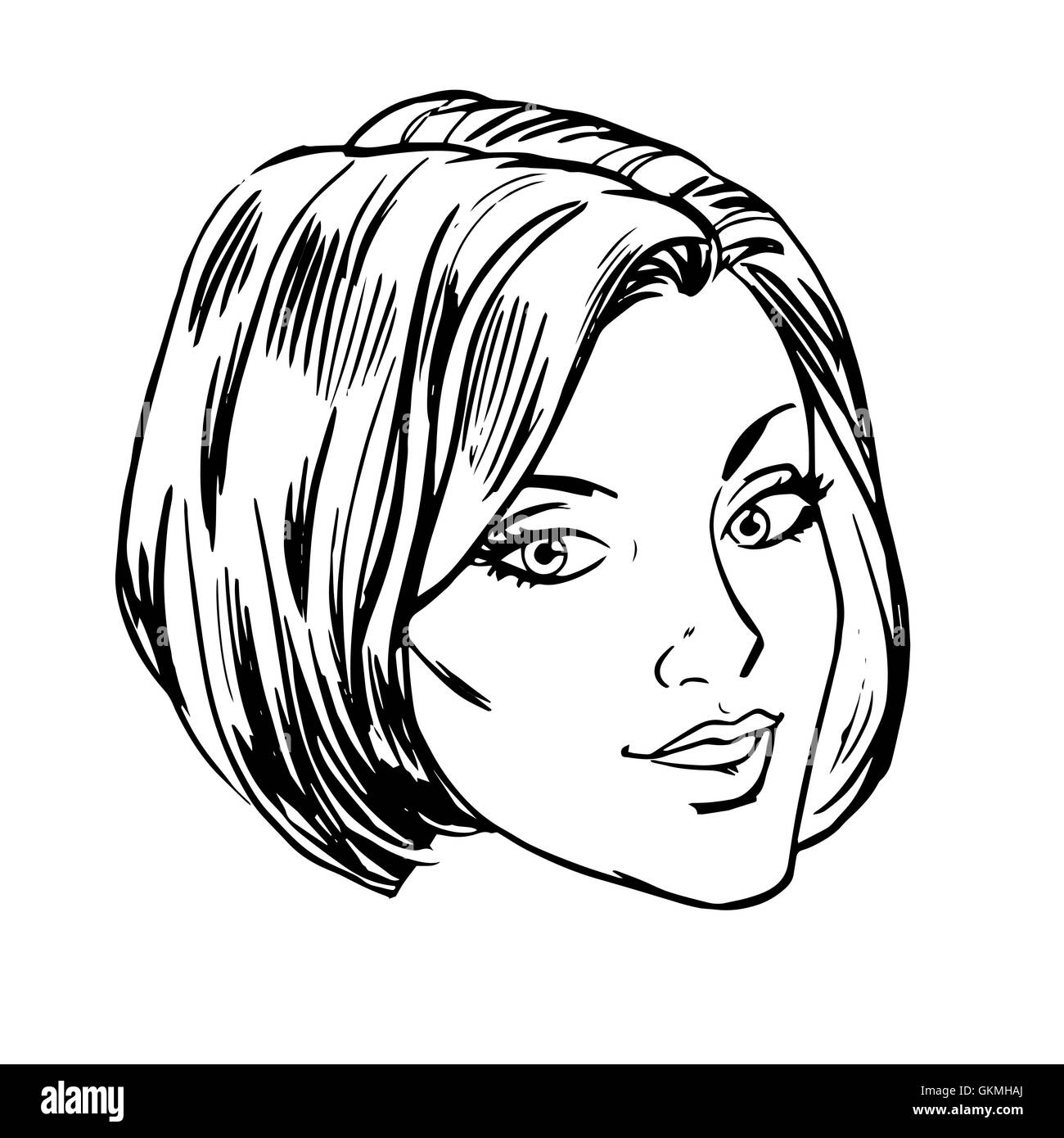 Bella giovane donna faccia sorridere retrò line art Illustrazione Vettoriale