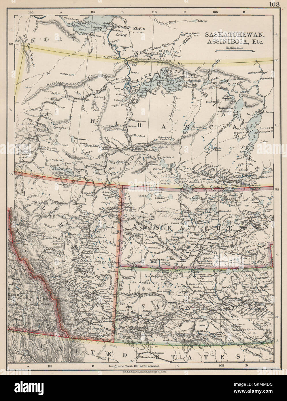 CANADA praterie. Lo stato di Alberta, Saskatchewan Assiniboia Athabasca. JOHNSTON, 1903 Mappa Foto Stock