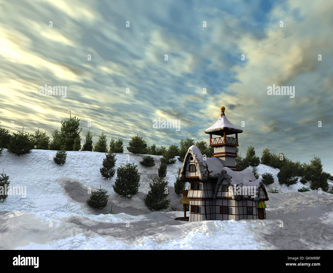 Una favola cottage è da una giornata invernale Foto Stock