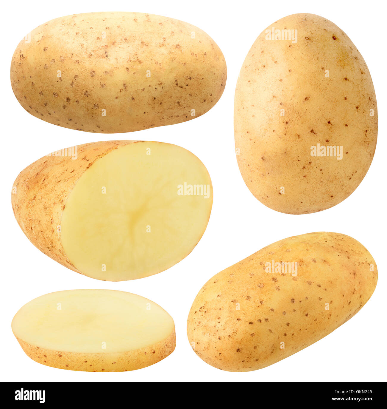 Isolato di patate. Raccolta di tutto e tagliare le patate isolato su sfondo bianco con tracciato di ritaglio Foto Stock