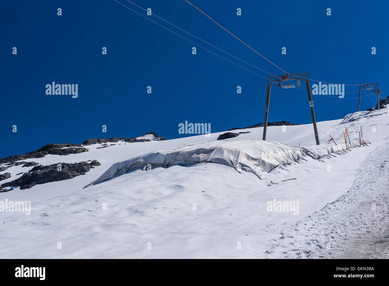Impianti di risalita sul ghiacciaio Titlis in estate. Foglio bianco vicino a montanti di sollevamento posto a rallentare lo scioglimento dei ghiacciai. Engelberg, Svizzera Foto Stock