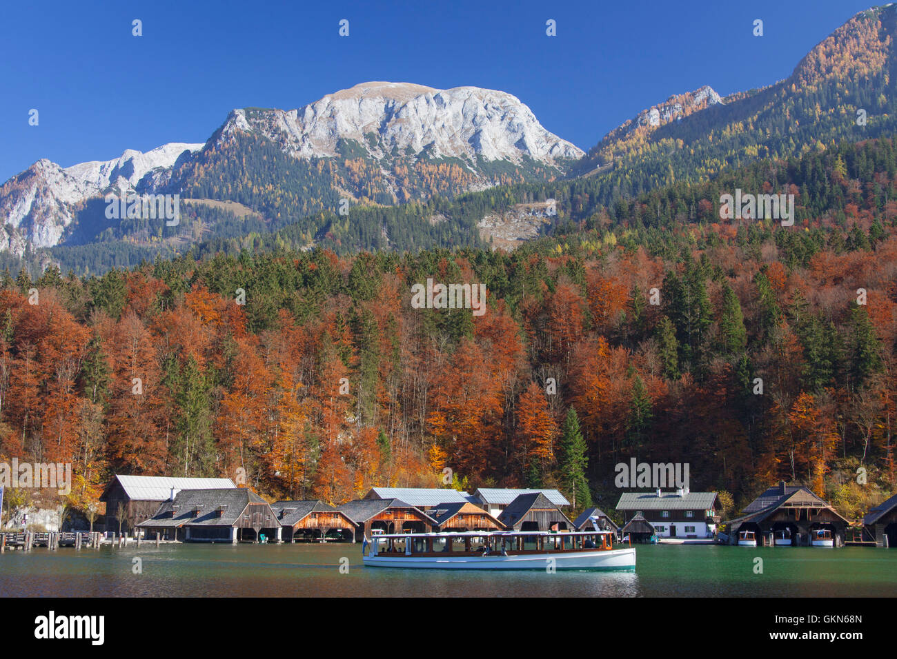 La barca turistica sul Königssee / Kings lago in autunno, Parco Nazionale di Berchtesgaden, Alpi Bavaresi, Baviera, Germania Foto Stock