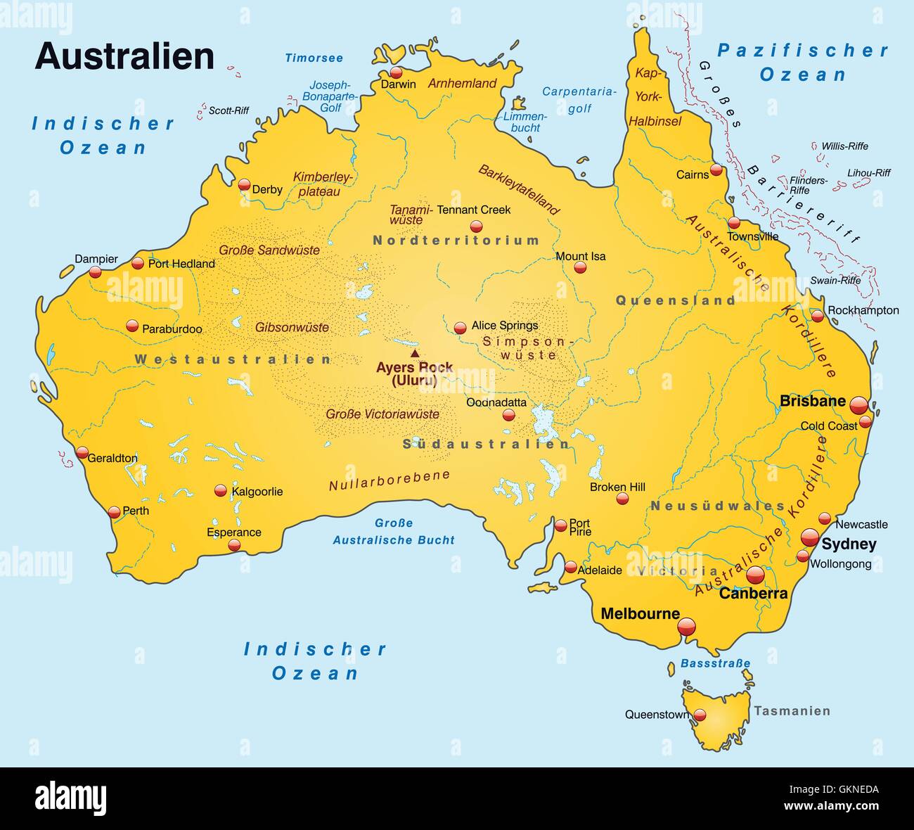 Mappa di australia come una mappa panoramica in giallo Illustrazione Vettoriale