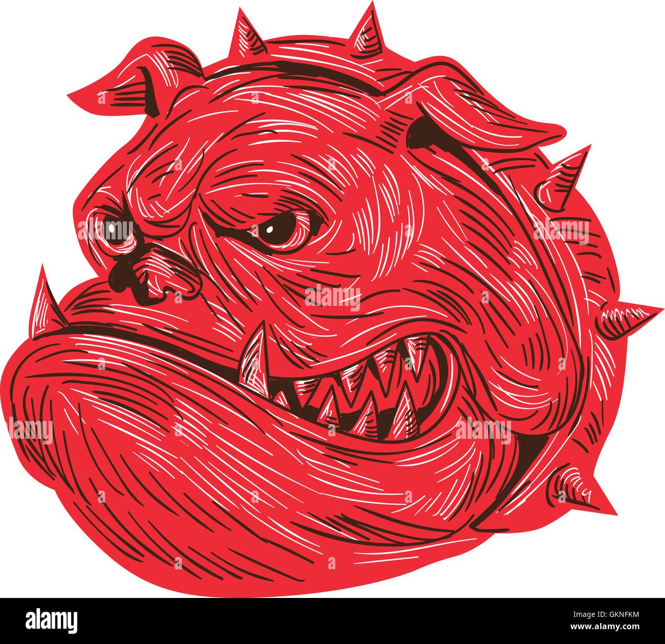 Disegno stile sketch illustrazione di una testa di un arrabbiato bulldog che mostra i denti taglienti visto dal lato impostato su isolato sullo sfondo bianco. Illustrazione Vettoriale